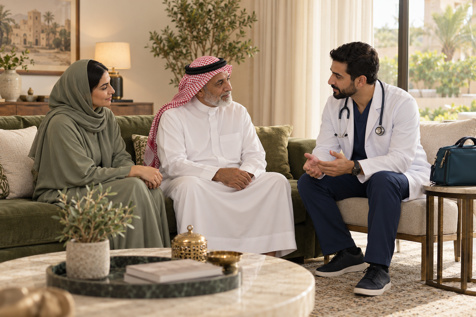 طبيب يتحدث مع مريض وأسرته في المنزل